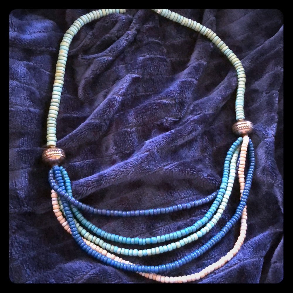 Vtg Boho Multi-Strand Beaded Blue‎ Long  Necklace